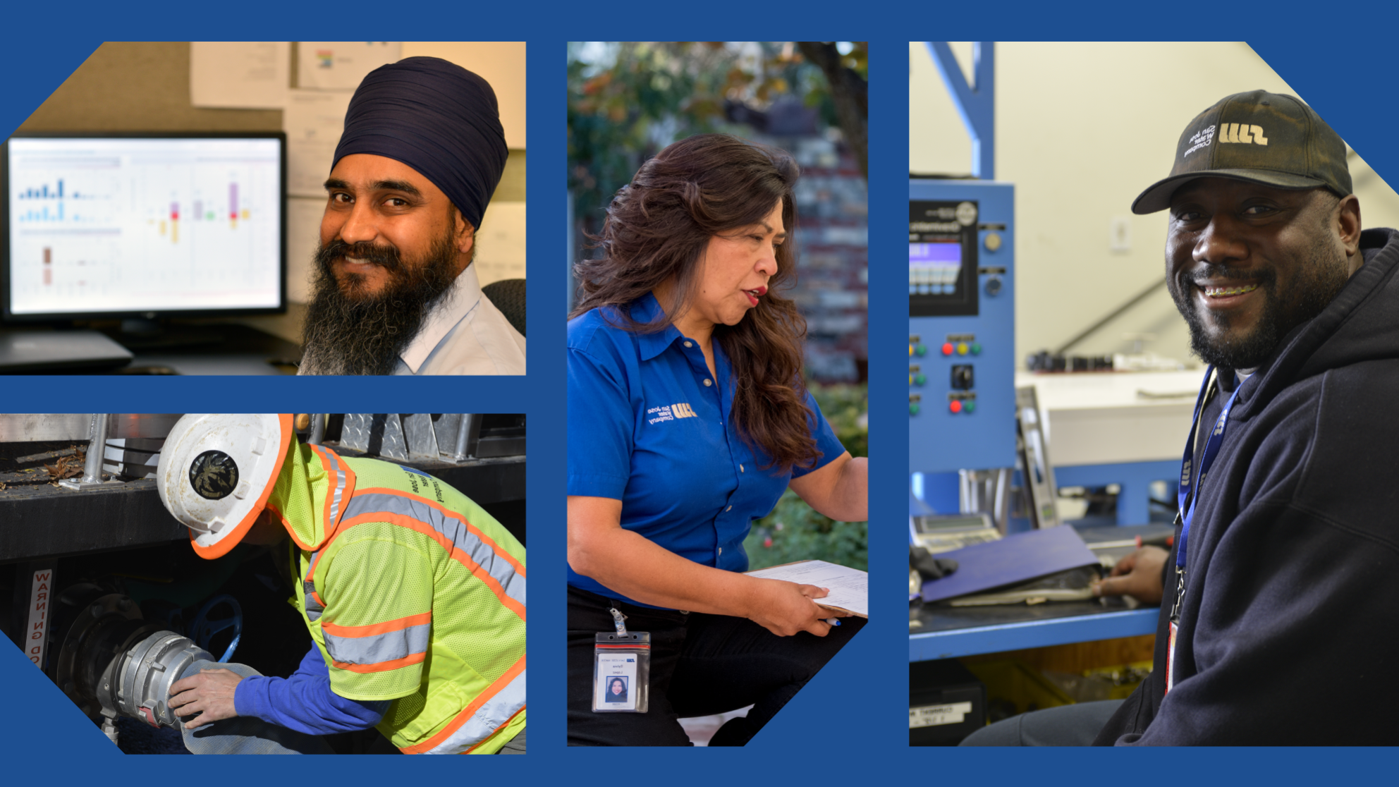 Collage of San Jose Water employees smiling while on the job.